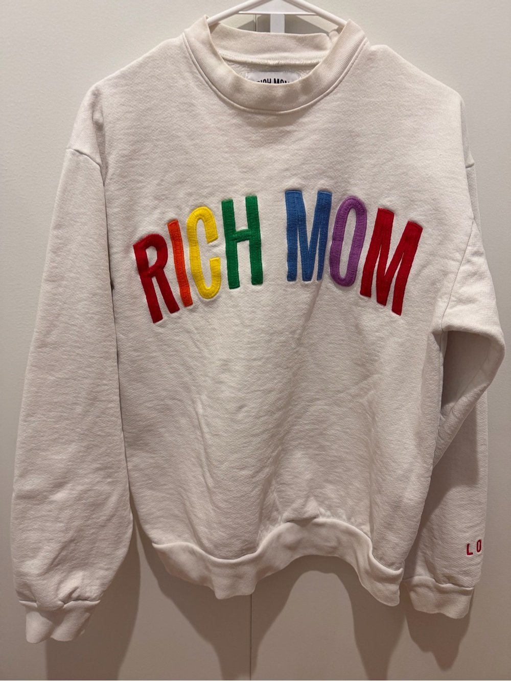 Rich Mom Cream Crewneck Sweatshirt with Rainbow Appliqué size S gently worn